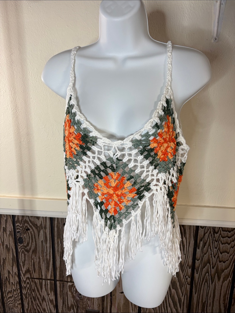 Boho Crochet Fringe Camisole in White with Orange & Green Accents
